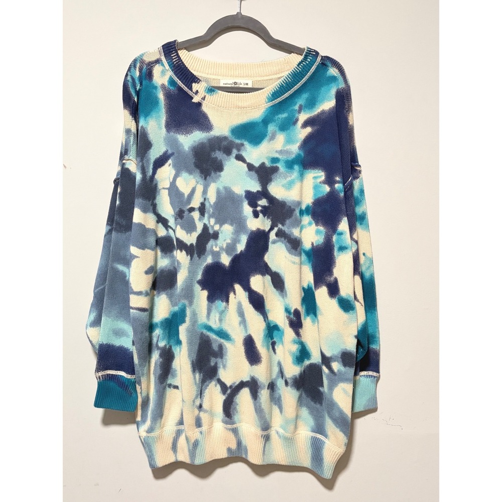 Natural Life Womens Oversized Tie Dye Cotton Knit Sweater Blue Cream S/M